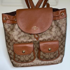 New With Tags COACH Pennie Backpack Signature Canvas Khaki and Redwood Leather